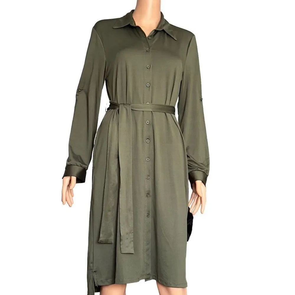 LuLaRoe Army Green Button Down Long Sleeve Dress SMALL